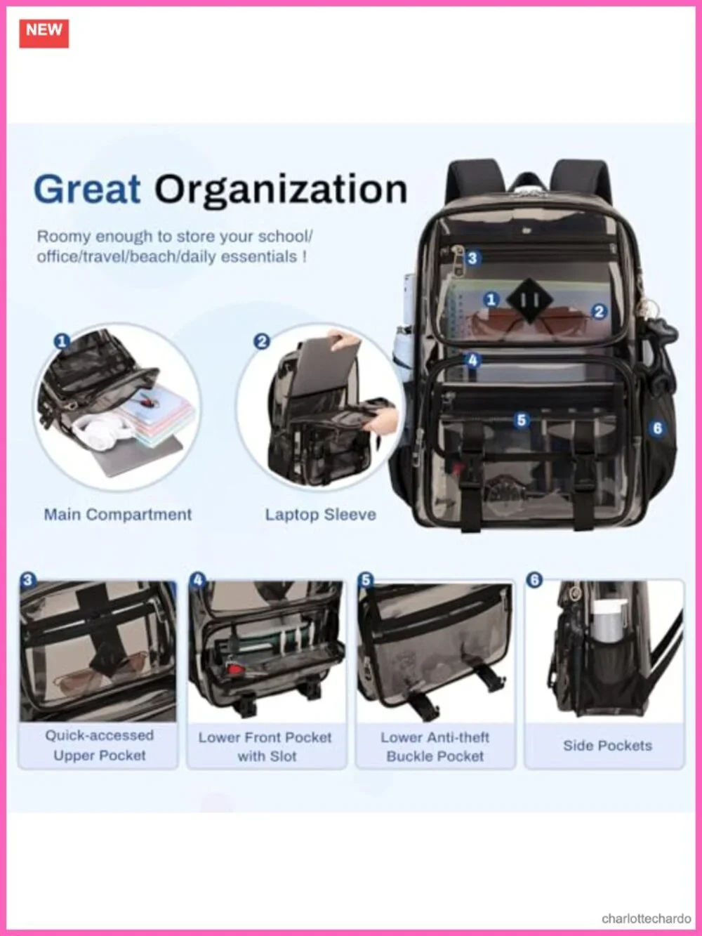 Clear PVC Backpack for School Stadium Events Heavy Duty Transparent See Through